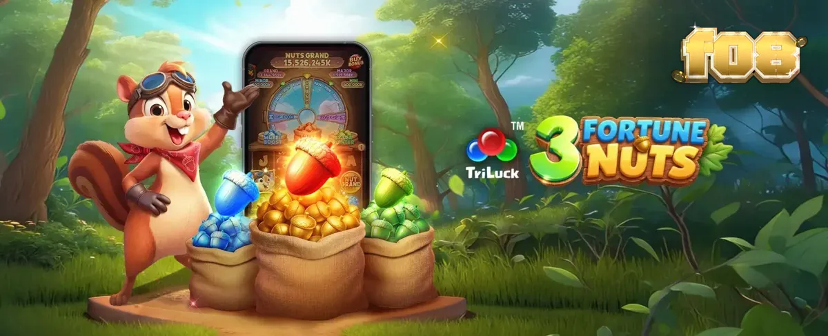 Tampilan visual slot 3 Fortune Nuts dengan tema hutan dan tupai